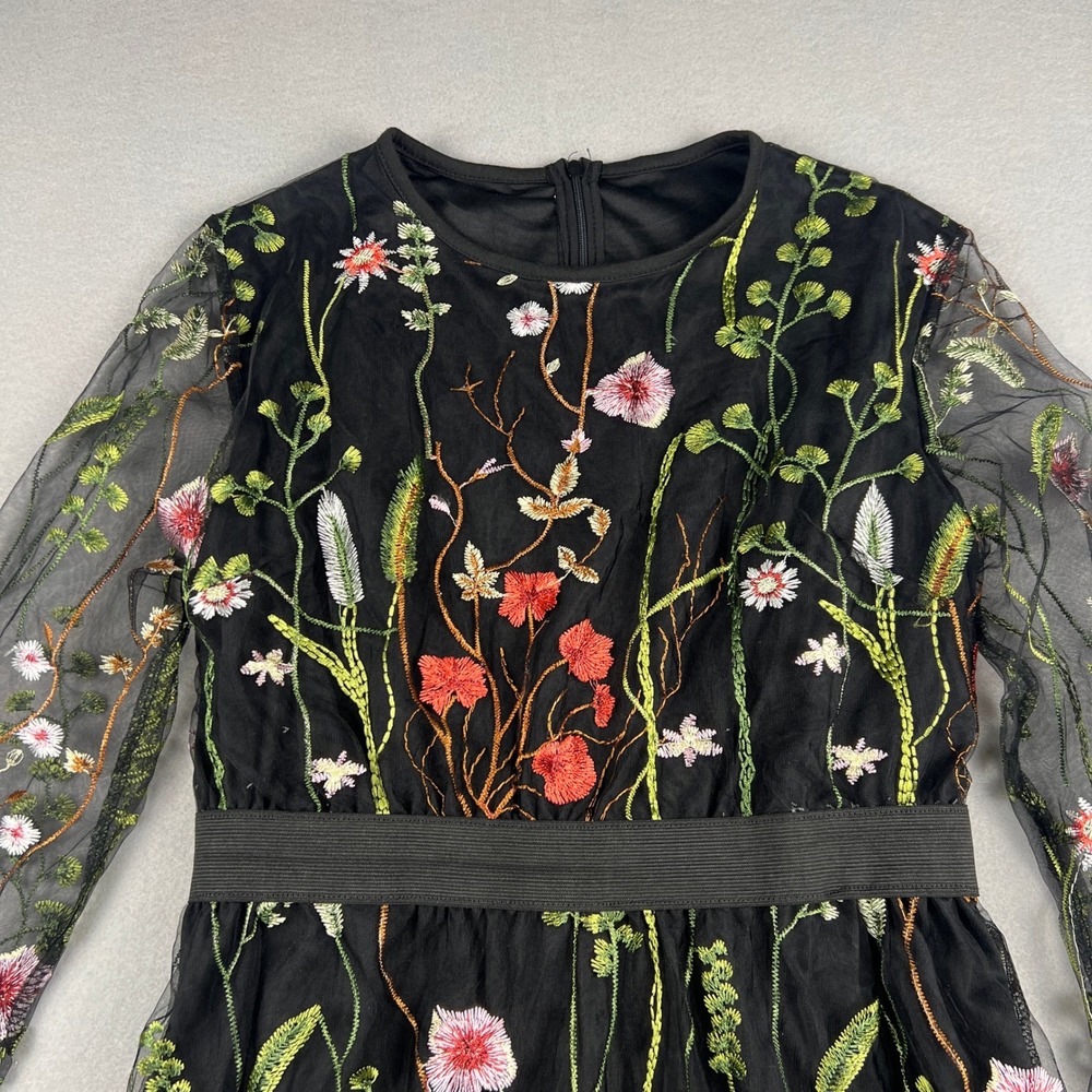 Floral Embroidered Mesh Dress Cotagecore Small Black Sheer Mini Party Wedding - Picture 8 of 11